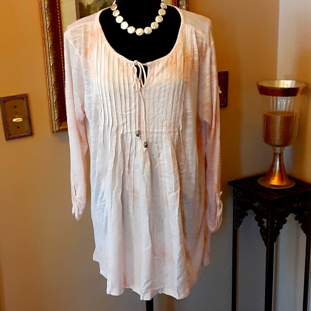 Bandolino cameo rose pink top long sleeve Tucks bodice silver beads Large NEW…